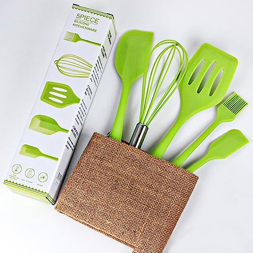 Silicone Rubber Kitchen Set 5PCS (Small Spatula + Large Spatula + Egg Beater + Spatula + Small Oil Brush) Baking Tools Green - Image 2