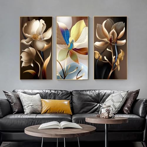 Peintures murales sur toile abstraites grand format 70x140 cm fleurs et or - 2