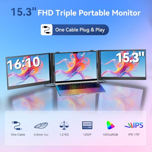Image of Laptop Screen Extender 15.3 inch Triple - One Cable Connection Portable Monitor Ultra-Light & Ultra-Slim 2.74lbs 1200P FHD IPS Extra Screen for 13 inch-17.3 inch Laptops Compatible with Wins /Mac /Android /Chrome