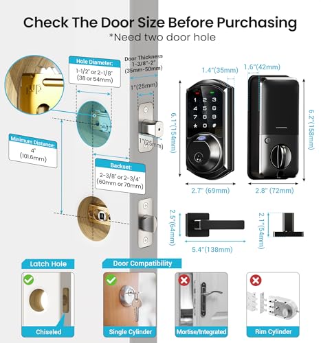 Veise VE07-L Fingerprint App Control Smart Locks with Heavy-Duty Zinc Alloy Handles, Keyless Entry for Front Door, Digital Electronic Touchscreen, Auto Lock, Waterproof, Easy Install, Matte Black thumbnail 9