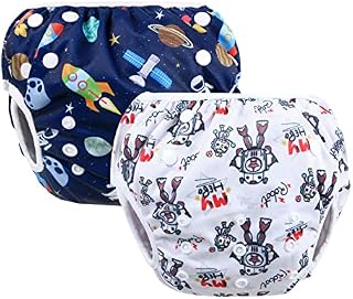 Vicloon Reusable Swimming Nappy, 2 Packs Baby Swim Nappy Comfortable Swim Nappies, Adjustable Size Washable Nappy for Swimming Lessons/Holiday 0-3 Years Old (Universe/Robot)