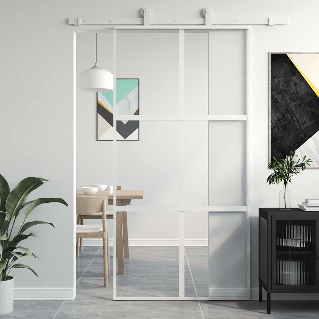 Drzwi przesuwne białe 102,5 x 205 cm ze szkła hartowanego i aluminium z przezroczystym szkłem, grubość szkła 5 mm, do wnętrz, skrzydło drzwi z linią ozdobną, montaż z zestawem okuć