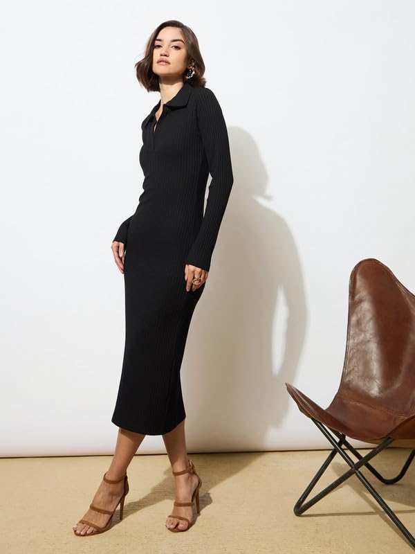 Image of barcino Black Rib Polo Neck Bodycon Midi Dress
