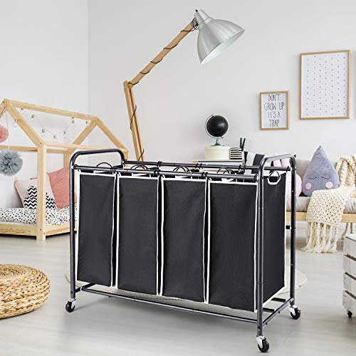 Romoon 4 Bag Laundry Sorter Cart, Laundry Hamper Sorter With Heavy Duty Rolling Wheels For Clothes Storage, Black #TOP7