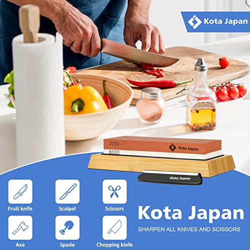 Kota Japan Combination Dual Sided 3000-8000 Grit Diamond Knife Sharpener Whetstone Set For Coarse Sharpening & Fine Polishing. Water Stone Kit | Adjustable Bamboo Holder Base | Precision Blade Guide #TOP2