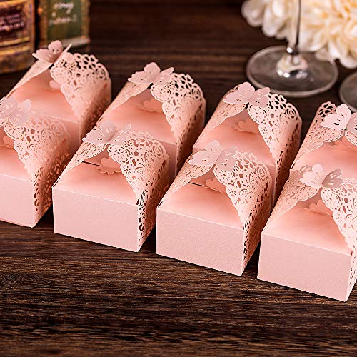 Kazipa 50Pcs Laser Cut Favor Boxes, 2.6" X 2.6" X 1.6" Floral Favor Boxes, Party Favor Boxes For Bridal Shower Anniverary Wedding Party Favor, Pink #TOP4