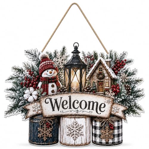 Image of Christmas Decorations - Winter Snowman Welcome Wooden Sign for Front Door