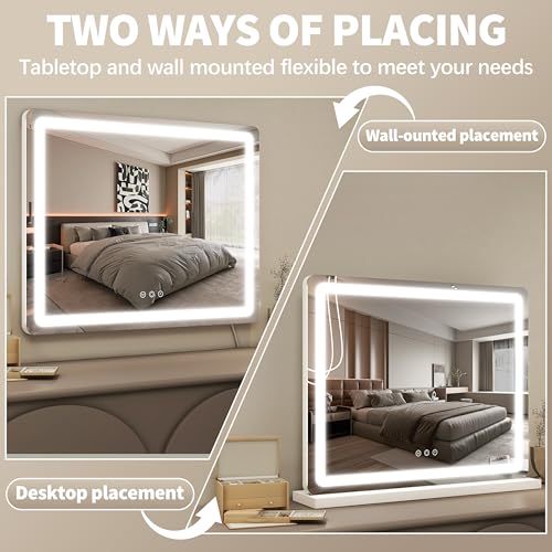 Image of FENNIO 23 inch x 18 inch Vanity Mirror with Lights, LED Makeup Mirror, Hollywood Mirror with 3 Color Modes & Adjustable Brightness, Vanity Mirror White