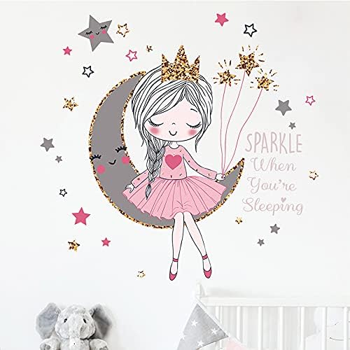 Cute Princess Wall Stickers Cartoon Princess Moon Stars Wall Decals for Baby Girl Bedroom Playroom Nursery Baby Kids Room Décor