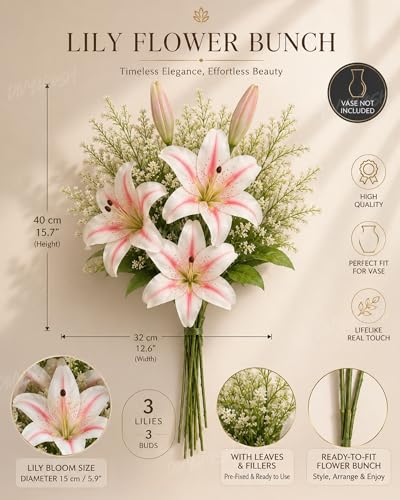 Image of Divyakosh Artificial Flowers Bunch (Vase Not Included). Artificial Flower for Vase Flower Bouquet Gift Pink Lily Arrangement for Living Room Dining Table Office Decor