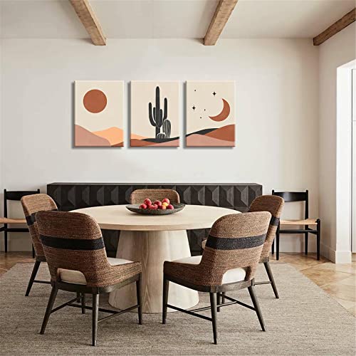 Boho Wall Art Desert Prints - Bohemian Pictures Sun Moon Stars Paintings Framed Abstract 3 Pieces Cactus Landscape Artwork 12X16 Inches Canvas Earthy Decoration For Living Room Bedroom Bathroom Decor #TOP1