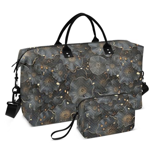 Large Travel Duffel Luggage flower Leaf Sequin Graphite Gold Black Weekender/Overnight Duffel with Toiletry Bag for Gym Foldable bolsa para