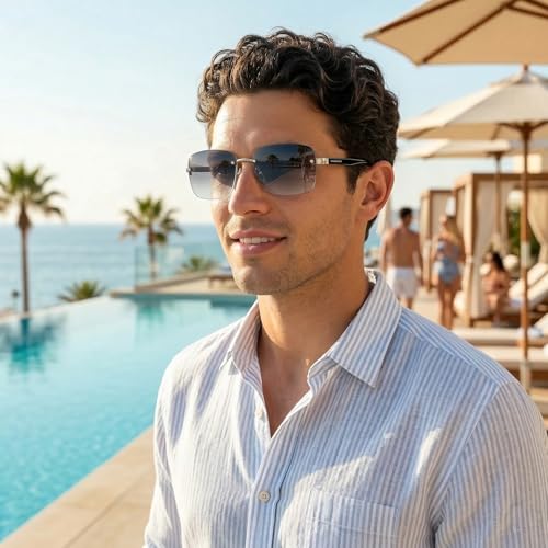 Image of Minimalist Semi-rimless Rectangular Sunglasses for Men Women - Exquisite Packaging