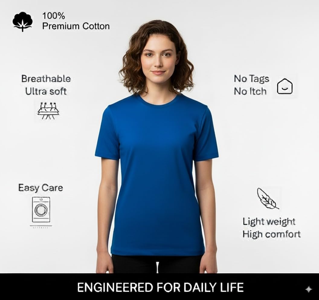 Women's 100% Cotton Crew Neck T-Shirt Classic Fit Plain Breathable & Soft Short Sleeve Tee | Pack of 1 - Image 4