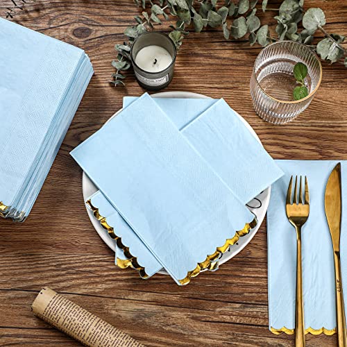 Hsei 100 Pcs Blue Napkins Light Blue Scalloped Cocktail Napkins With Gold Foil 2 Ply Disposable Paper Napkins Beverage Napkins For Wedding Dinner Birthday Baby Shower Party Supplies, 13" X 16" #TOP3