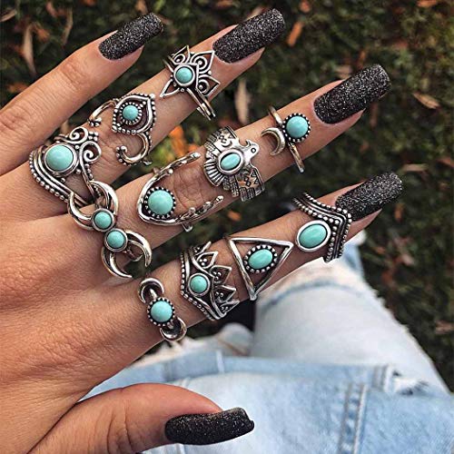 Genbree Turquoise Ring Set Silver Black Vintage Turquoise Joint Knuckle Rings Stacking Midi Finger Rings Set for Women and Girls 11Pcs