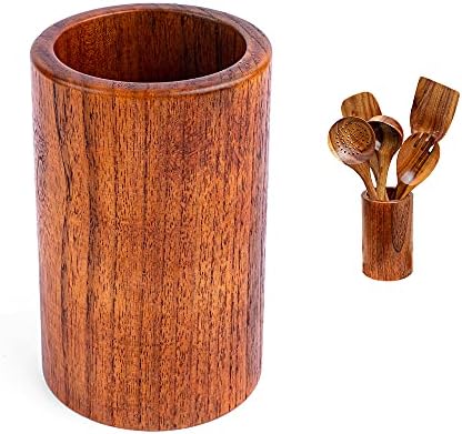 Wooden Kitchen Utensil Holder, 5.8 x 3.7 Inch, Natural Acacia Wood Cooking Utensil Holder for Countertop, Utensil Crock Organizer for Spoons Spatula Spurtles Skimmer Cooking Tools Straws