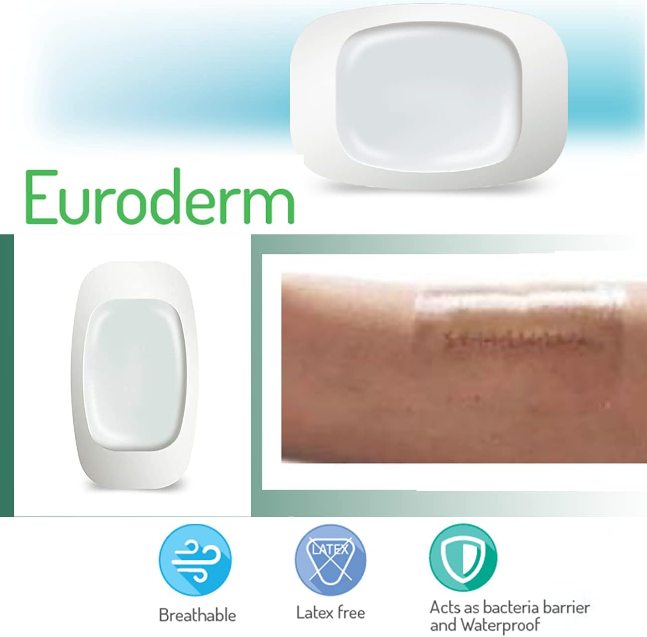 Euroderm -7 7/8 x 6 in -Transparent Sterile Adhesive Dressing,Easy to Remove,Waterproof, Made Off a Highly Resistant PU Film, Easy to Apply- (10 Pcs)