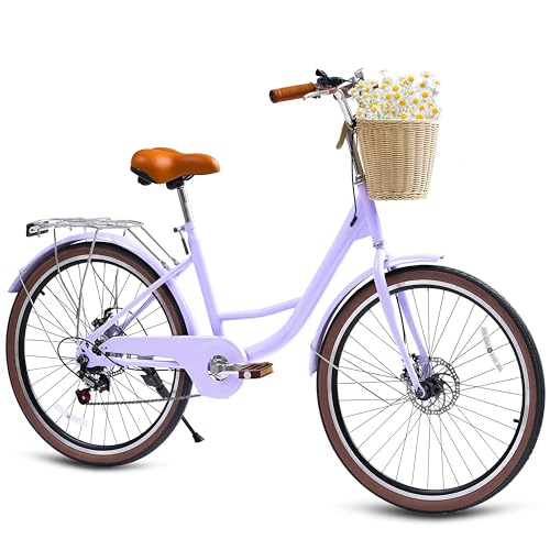 DEYGIA Kids Bike, Cruiser Bike for Girls, 24 inch 7 Speed Kids' Bicycles with Ratten Basket and Adjustable Seat, Lightweight Step Bike for Kids Girls Adult Women Ladies, Purple