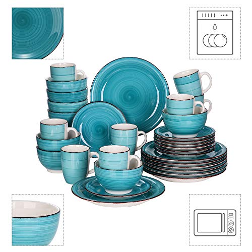 Vancasso Stoneware Dinnerware Set, Bella 32 Pieces Service For 8 Stoneware Dinner Set With Dinner Plates, Salad Plates, Bowls, Mugs, Microwave Dishwasher Safe - Teal #TOP2