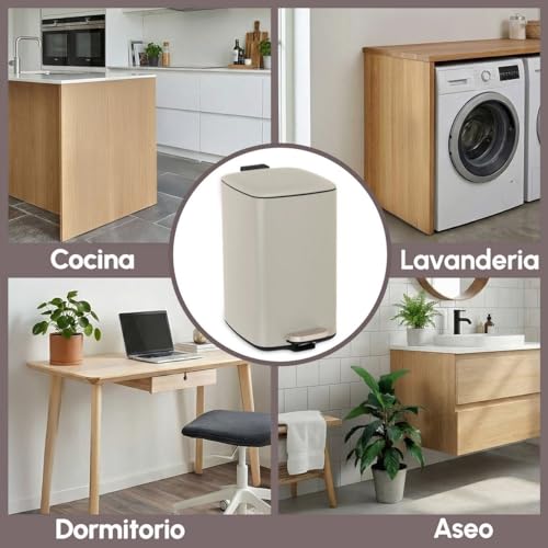 Miniatura 6 de Papelera De Pedal Cuadrada De 20 Litros. Cuerpo De Metal Galvanizado Pintado Al Polvo En Color Beige. Con Cubo Interior De Polipropileno Extraíble Con Asa. Medidas: 37x27x45 Cm.