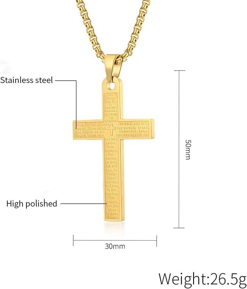Men Cross Necklace,Stainless Steel Silver/Gold/Black Prayer Pendant Necklace Faithful Jewelry，60cm Rolo Chain