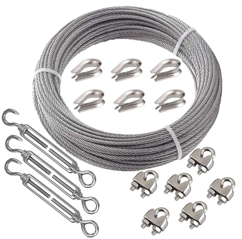 Roxanned 60m/3mm Stainless Steel Wire Rope Kit, Garden Wire for Climbing Plants with M5 Turnbuckle,Clamp Clip and Steel Thimble, for Deck Railing System,Outdoor Hanging Decoration, Garden Fence