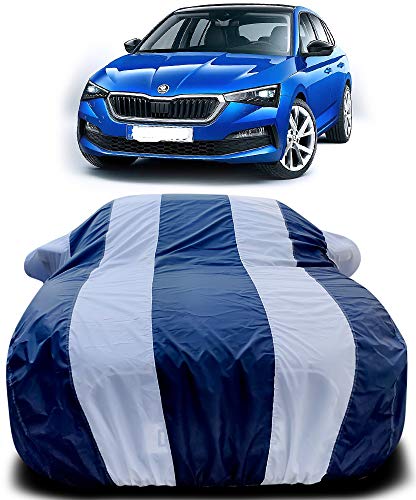 Image of PURPLEHEART Car Body Cover Compatible with Skoda Fabia Car Cover Body with Mirror Pocket Triple Stitched Bottom Elastic Water Resistant UV Protection & Dustproof Car Cover-Blue & White