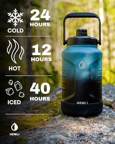 HEMLI One Gallon Insulated Stainless Steel Water Bottle, 128 oz Jug, Triple-Walled Vacuum-Sealed Beer Growler, with Carrying Case (New Blue Black)