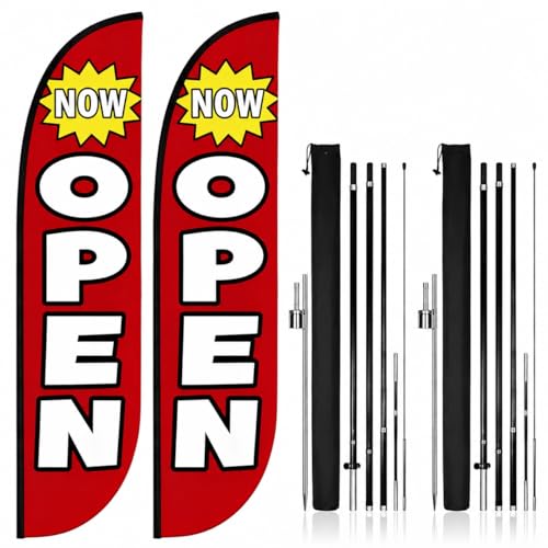 Feather Flag Pole Kit 15ft Tall 2 Pack with 12ft Tall Now Open Flags Feather Banner Advertising Open Flags for Business Grand Opening Signs Fiberglass Swooper Flag Poles with Heavy Duty Ground Spikes
