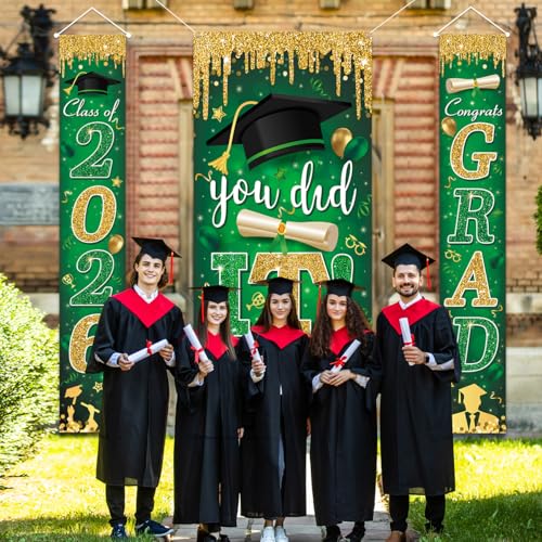 Image of Green and Gold Graduation Decorations Class of 2026 Congrats Grad Banner and You Did It Door Cover for High School College Graduation Party Supplies(Green)