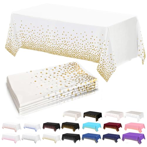 Image of 4Pack Plastic White and Gold Dots Table Cloth Party for Rectangle Tables,137x274cm Decorative Paper Table Cloths for Parties Disposable Table Cover for Picnic,Baby Shower,Wedding,Birthday,Christmas