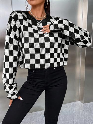 SOLY HUX Women's Checkered Sweater Long Sleeve Ribbed Knit Drop Shoulder Pullover Crop Tops3