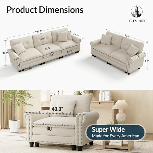 Image of HERA'S HOUSE Modular Sectional Sofa Set for Living Room 2-Piece Deep Seats | Mid-Century Modern 5-Seater Cloud Sofa Set, Beige, Rolled Arms & Nailhead Trim, Wider & Deeper Seats, Linen Furniture Set