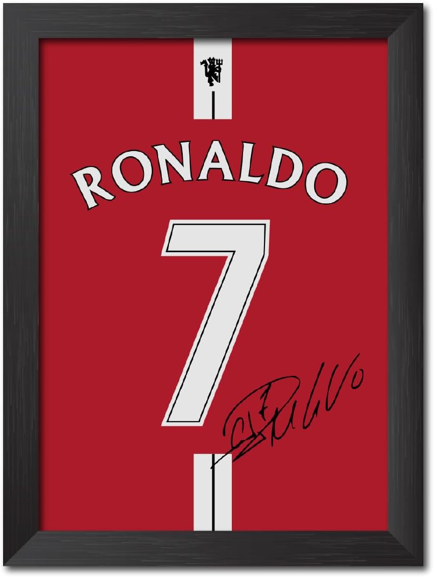 TenorArts Cristiano Ronaldo Poster Frame Manchester United Jersey Laminated Photo Print with Signature Framed Painting with Matt Finish Black Texture (12 inches x 9inches)