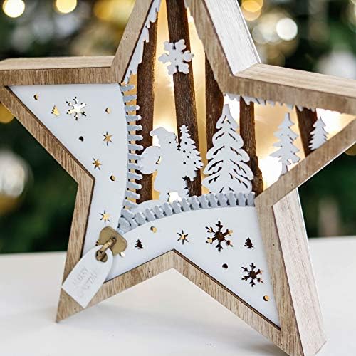 Valery Madelyn Wooden Christmas Decorations with LED Lights, Set of 2 Star Shaped Christmas Ornaments, Xmas Decoration with Hook for Tabletop, Wall, 10.8inch/27.5cm