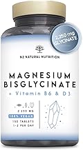 Magnesium Bisglycinate, 2250mg Glycinate Supplement, Including 450mg Elemental Magnesium, Vitamin D3 + B6. 150 Tablets High Absorbtion, Help Reduce Tiredness and Fatigue. N2 Natural Nutrition