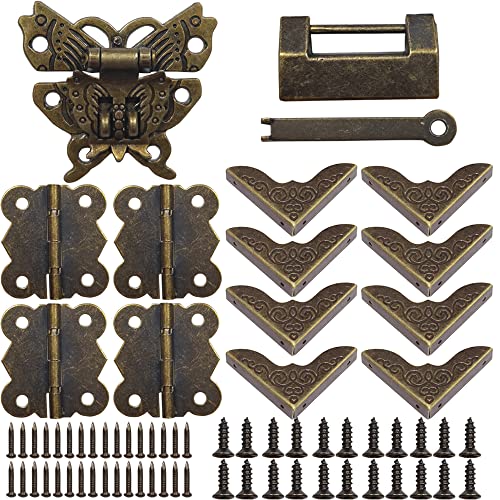 FEIBA Fermoir Boite Verrou Décoratifs Antiques,8 Pcs Coin décoratif protection couverture Charnière en forme de papillon,pour boîte à bijoux en bois bronze, 45*37mm, (ZSSHK-FB-GD) Cover