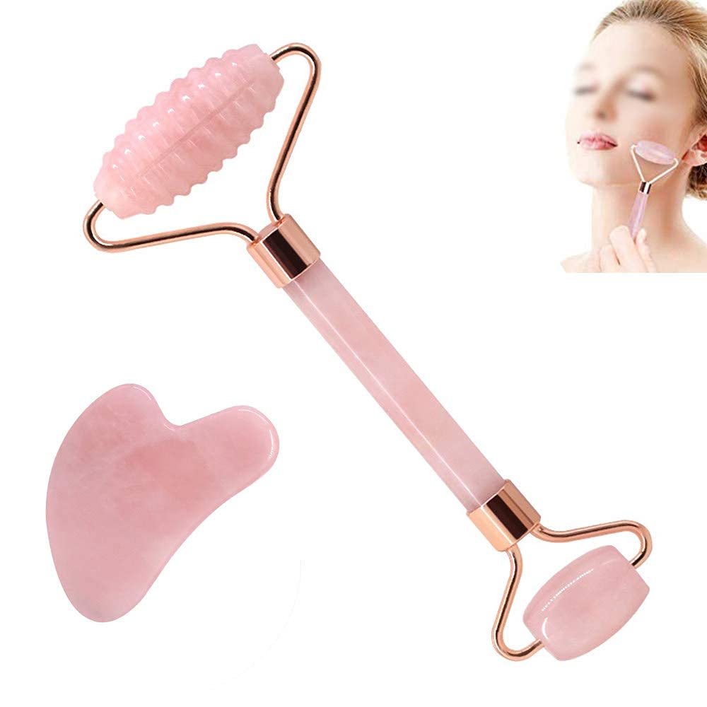 Jade Roller, Jade Rollerade, Jade Roller and Guaging, de-Puffing, Detoxifying, Brightening, and Refreshes Skin Tool, Lighten Dark Circles,Rosegold YuXinAE