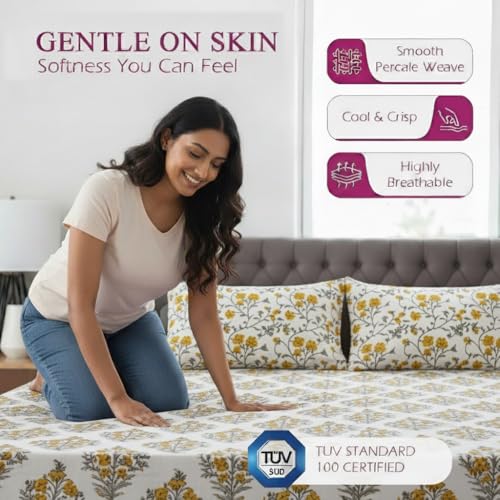 Image of Trance Home Linen Jaipuri Design 180TC 100% Cotton King Size Printed Bedsheet | Bedding Set of King Size Flat Bed Cover with 2 Pillow Covers (108x108 inch | 9ft x 9ft - Madhuban Yellow)