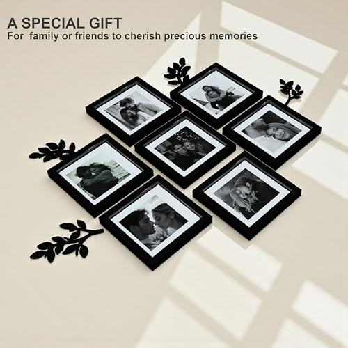 Image of Art Street Picture Frame Botanical Wall Decor with Pack of 7 Square Black Photo Frames & 4 MDF Leaf Cutouts 8x8 Inch Set with White Matt Nature Inspired Wall Hanging Art 20x20 cm