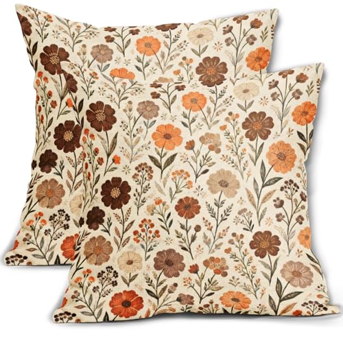 Vintage Floral Pillow Covers 18x18 Inch Set of 2 Rust Brown Orange Retro Country Flower Print Decorative Throw Pillowcases Rustic Farmhouse Outdoor Cushion Cases Decor Seasonal for Sofa Couch Bed