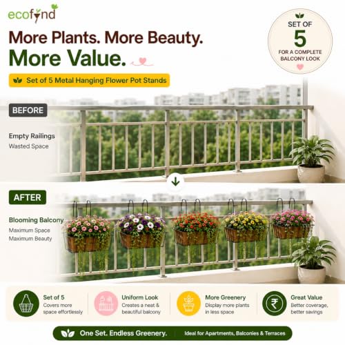 Image of ecofynd 5 Pack 16 Inches Metal Hanging Flower Pot Stand For Railing Planters, Gamla Stand Pot Holder for Balcony Decoration Items Outdoor, Plant Stands for Balcony, Flower Pot Stand Indoor (PS054-BLK)