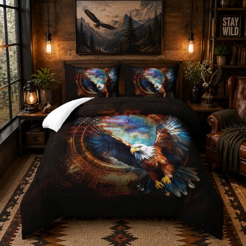 Nttopship Eagle American Flag Comforter Set,3 Pieces Eagle Bedding Twin Size United States Flag Lightweight Down Alternative Comforter 2 Pillowcase All Seasons
