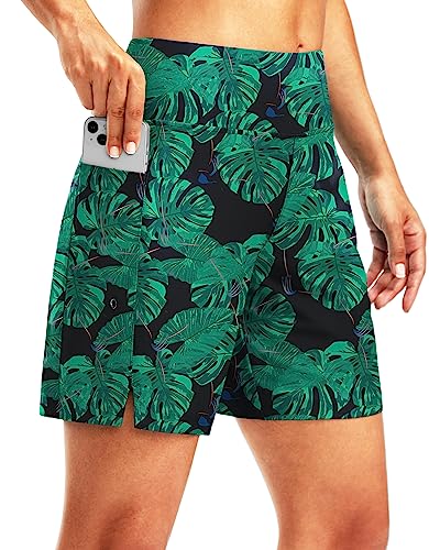 G Gradual Women's 7" Long Swim Board Shorts High Waisted Quick Dry Beach Swimming Shorts for Women with Liner Pockets, Leaf, Medium