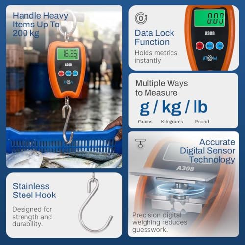 Image of ATOM A308 Weight Machine for Luggage & Travel (200 Kg) | Luggage Weighing Scale for Flights | Portable Digital Hanging Scale with Tare & Pointed S-Shaped Hook, 100 g Accuracy, LCD Display, Handy Size