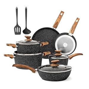 Kitchen Academy Topfset 12tlg Antihaft-Versiegelung Kochgeschirr Set Topf und Pfannenset mit Deckel, Töpfe und Pfannen set für Induktion, Gasherde und Mikrowelle, Schwarz