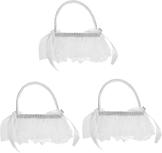 Cabilock 3 Pcs Wedding Flower Basket Vintage Satin Basket Wedding Decoration Portable Flower Basket Flower Girl Petal Basket Desk Hamper Wedding Supply White Polyester Wedding Supplies Mini