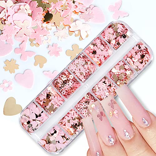 Dornail 12 Grids Gold Pink Flower Nail Glitter Sequins 3D Cherry Blossoms Butterfly Nail Sequin Flakes Rabbit Heart Nail Charm Nail Accessories For Diy Nail Decorations Nail Art Supplies #TOP3