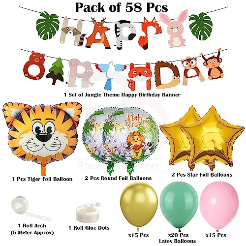 Image of Rozi Decoration Jungle Theme Birthday Decoration Set | 58-Piece Kit with Animal Banner, Tiger Foil Balloon, Green Pink Gold Latex Balloons & Arch Strip | Kids Safari Party Supplies